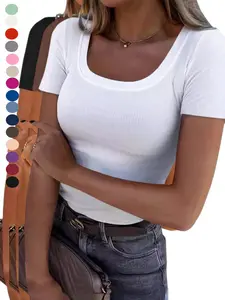 2026 Women Short Sleeve Square neckline Rib Knit Shirt, Slim Fit Basic Tee, Summer Casual T-Shirt, Trendy Soft Clothing for All Seasons