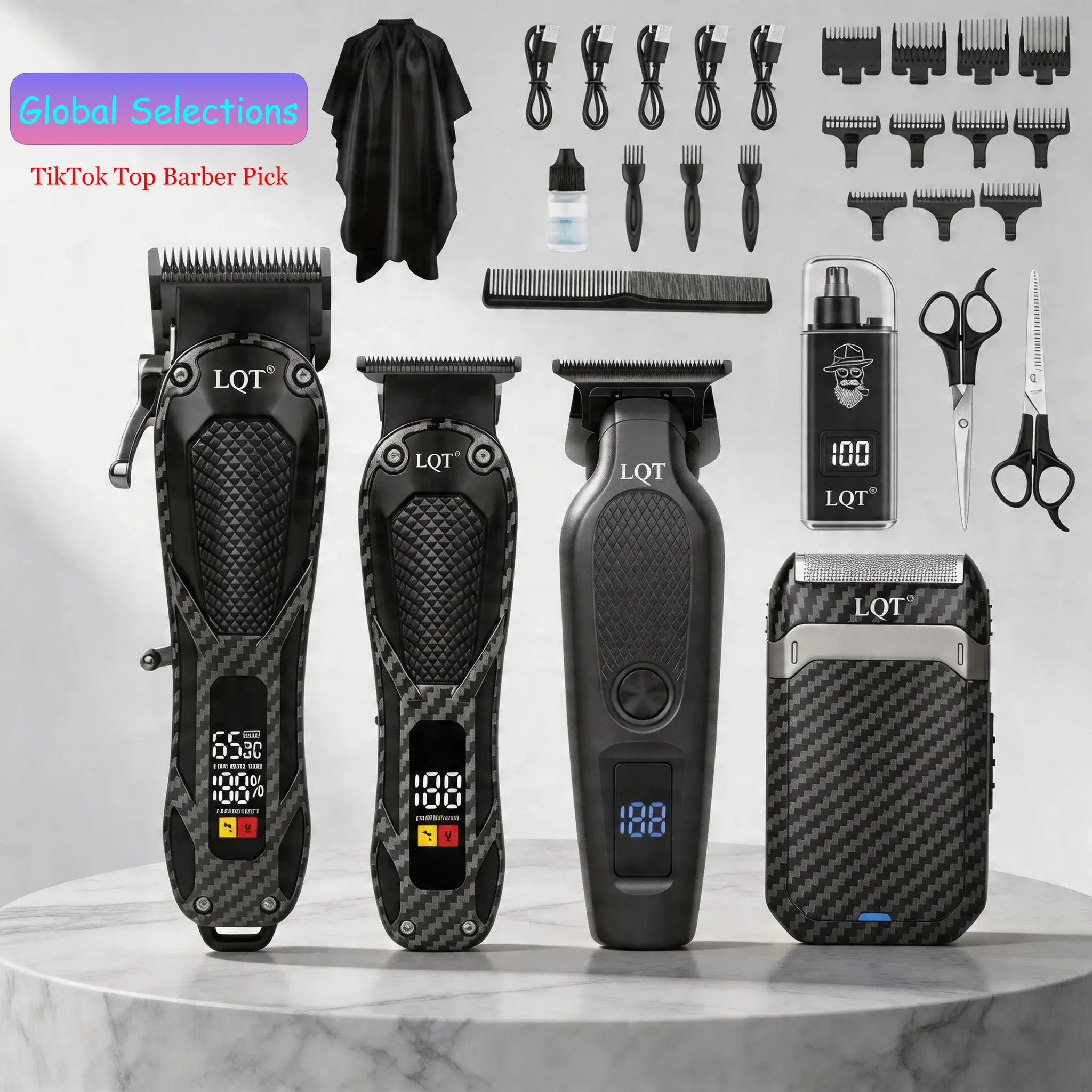 LQT 5-in-1 Multifunctional Hair Clipper & Grooming Set for Men - Cordless Barber Equipment Complete Kit with T-Blade, Foil Shaver, Digital Nose Hair Trimmer, LED Display, Carbon Fiber ABS Body, Type-C Charging, Smooth, Gift, Luxury, Adjustable