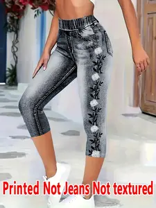Women's Printed Tight-Fitting Pants, Non-Cotton Fabric, Seven-Inch Leggings, Faux Denim Print, All-Season Wear, Comfortable & Stylish, Streetwear, Womenswear