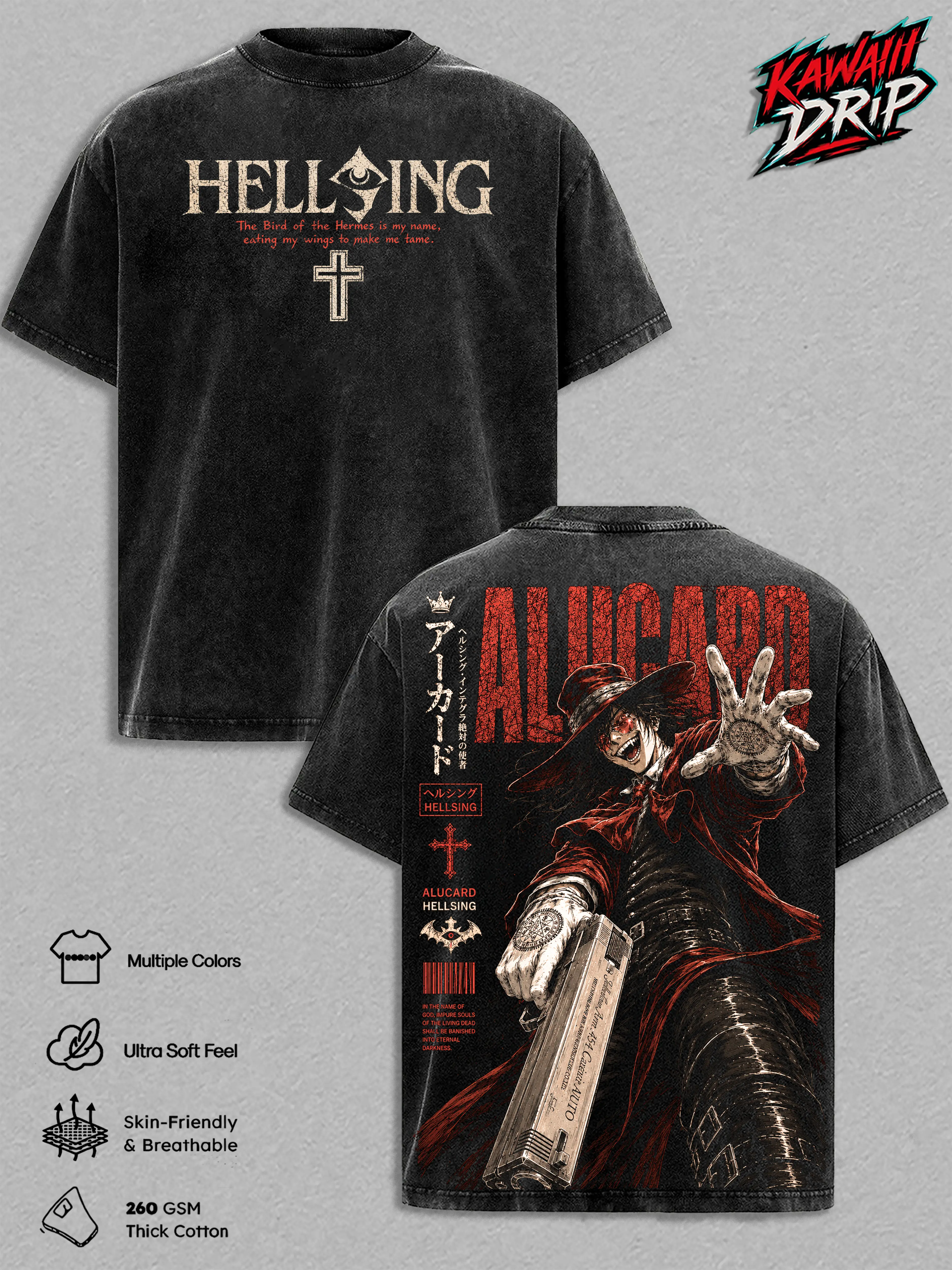 Alucard Hellsing Vintage Washed T Shirt, Hellsing Ultimate Anime Graphic Tee, Oversized Heavyweight Cotton Streetwear Tshirt, Gift for Hellsing Fans Men & Women