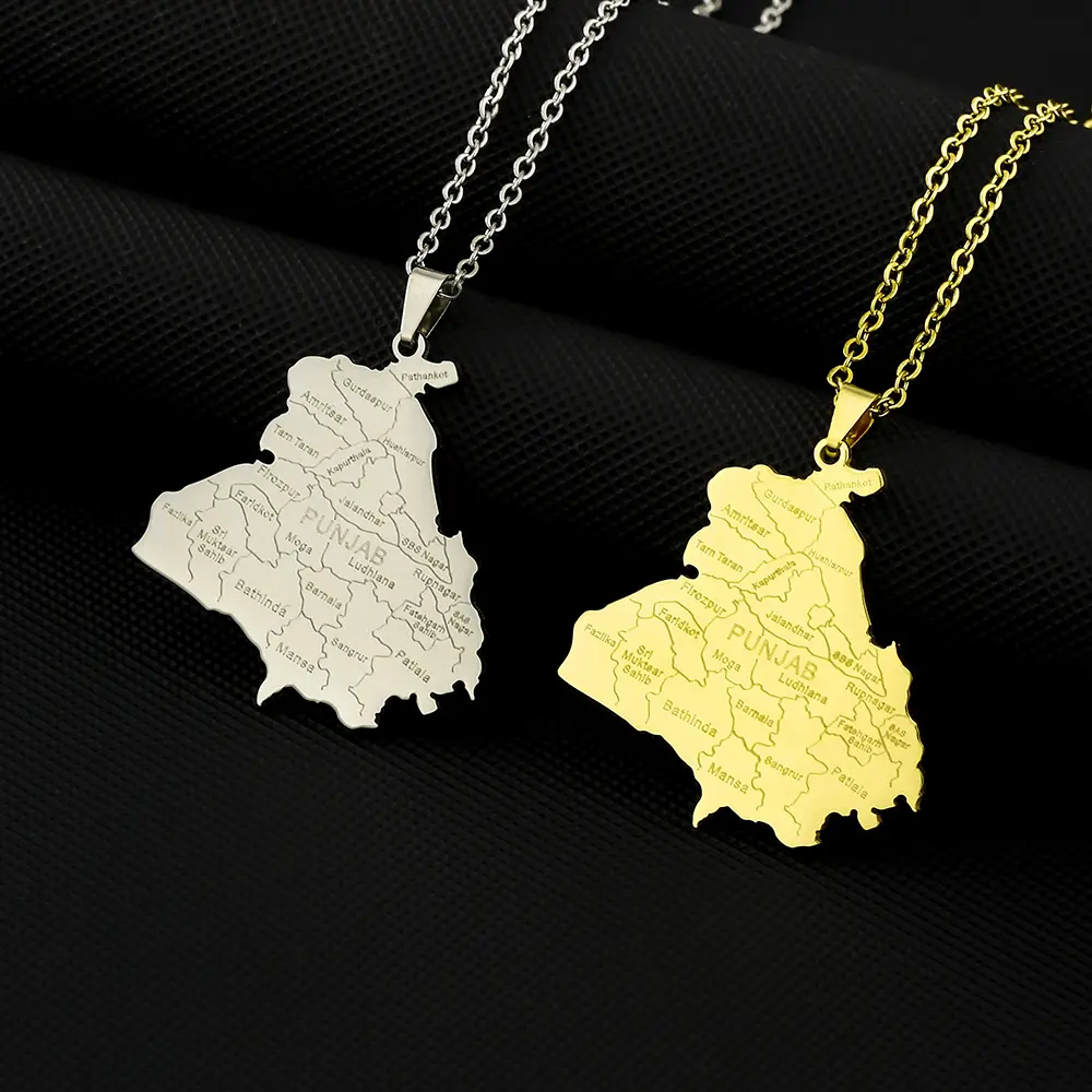 Retro Indian Punjab Map Jewelry, Glossy Stainless Steel Necklace for Couples