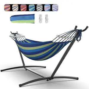 Double Hammock with Space-Saving Steel Stand, 2 Person Heavy-Duty Hammock for Garden, Yard or Outdoor, 500lbs Capacity, Wide Blue