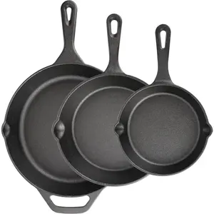 3-piece Cast Iron Skillet Set, 6inch , 8inch , 10inch Skillet, Heavy-duty Pre-treated Skillet Cookware Set, for Frying, Stir-frying, Cooking, Pizza, etc., Black