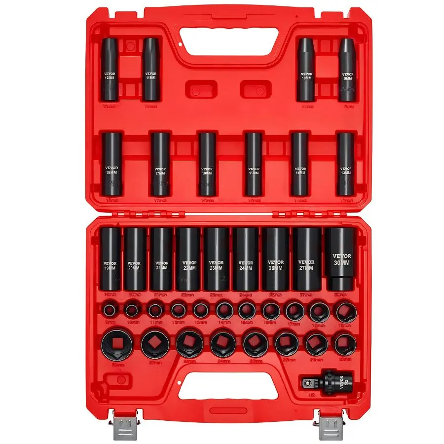 【Summerfinds】  1/2 in Drive Impact Socket Set, 39-Piece 6-Point Deep & Shallow Metric Sockets (9-30 mm), Cr-V Steel High Durability Construction Tools, Universal Joint, Dual Size Markings, Heavy Duty Carrying Case
