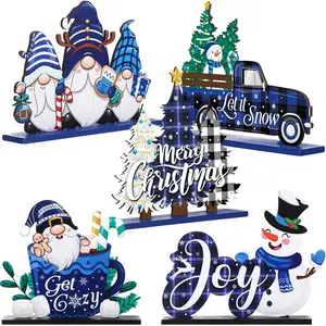 5-Piece Christmas Table Decorations Set, Wooden Xmas Centerpiece Signs, Joy Snowman Gnomes Designs, Buffalo Plaid Theme