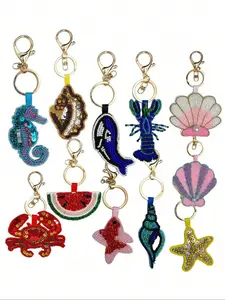 Summer Ocean-Themed Handmade Beaded Bag Charm, Starfish Shell Crab Design, Perfect for DIY Craft Projects & Accessories, Bag Charm Keychain