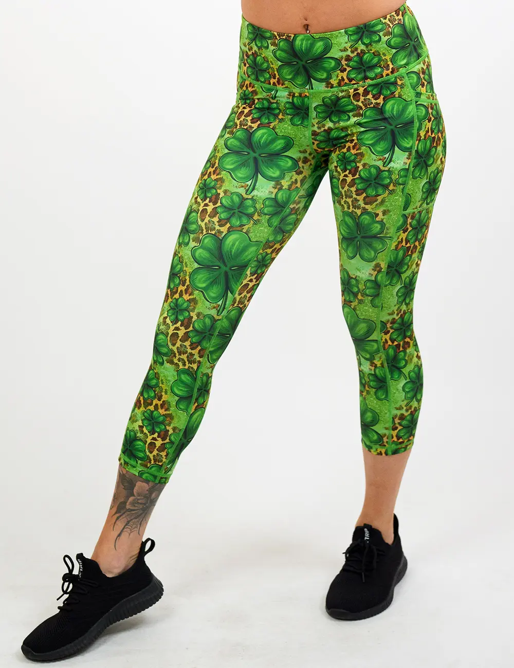 Women's Clover Cheetah Print High Waisted Leggings with Pockets - Squat Proof Compression Fabric for Workout & Yoga
