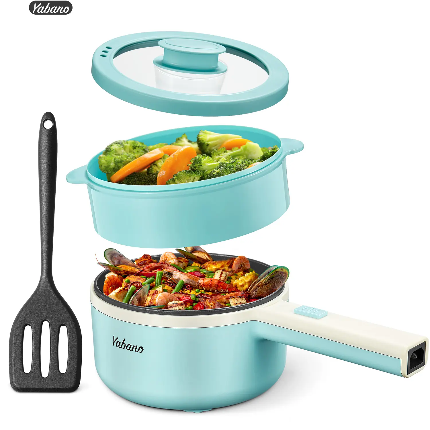 Yabano Electric Pot, 850W Non-Stick Electric Hot Pot with Steamer,1.6L Noodles Cooker with Dual Power Control, Portable Pot For Dorm, Office, Travel with Silicone Spatula Included