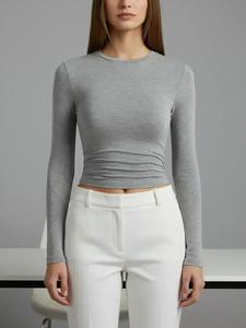 women's basic solid ruched long sleeve slim tee, casual comfort round neck t-shirt for spring & fall, women's clothes, women's tops