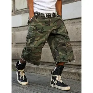 ( Five-star review)Men's Casual Cargo Pockets Camouflage Frayed Hem Loose Denim Shorts Jorts