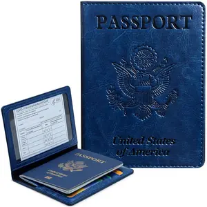 Passport and Vaccine Card Holder Combo PU Leather Travel Wallet Passport Holder with Vaccine Card Slot for Women Men-Dark blue
