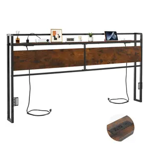 【DealsForYouDays】VEVOR King Size Headboard, Rustic Brown Wood Grain Design, Carbon Steel Frame with Charging Station (2 Outlets, 1 USB, 1 Type-C Port), Storage Shelf, Adjustable Height, Sturdy & Stable, Rustic Brown Headboards, Wood Grain Headboards