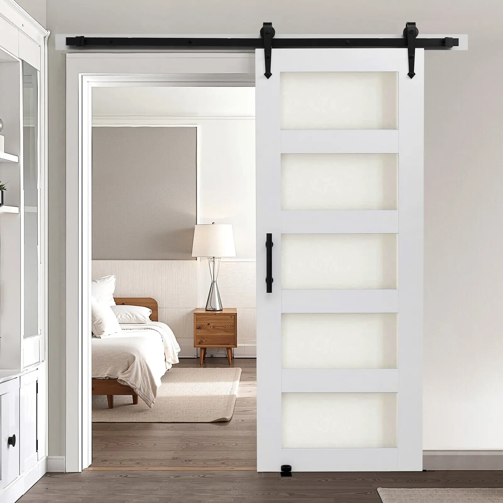 Sliding Barn Door With Hardware Kit – 30 X 84 Inches, MDF Panel With Frosted Glass, Interior Rustic Farmhouse Style, Ready-To-Install Sliding Door System, Hardware Included, Ideal For Interior Spaces, Fits 30 X 84 Openings