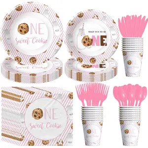 Milk and Cookies 1st Birthday Decorations Girl Tableware, Pink One Sweet Cookie Birthday Party Supplies, Milk Theme Paper Plates and Napkins Set, Cups, Disposable Cutlery, Serves 24