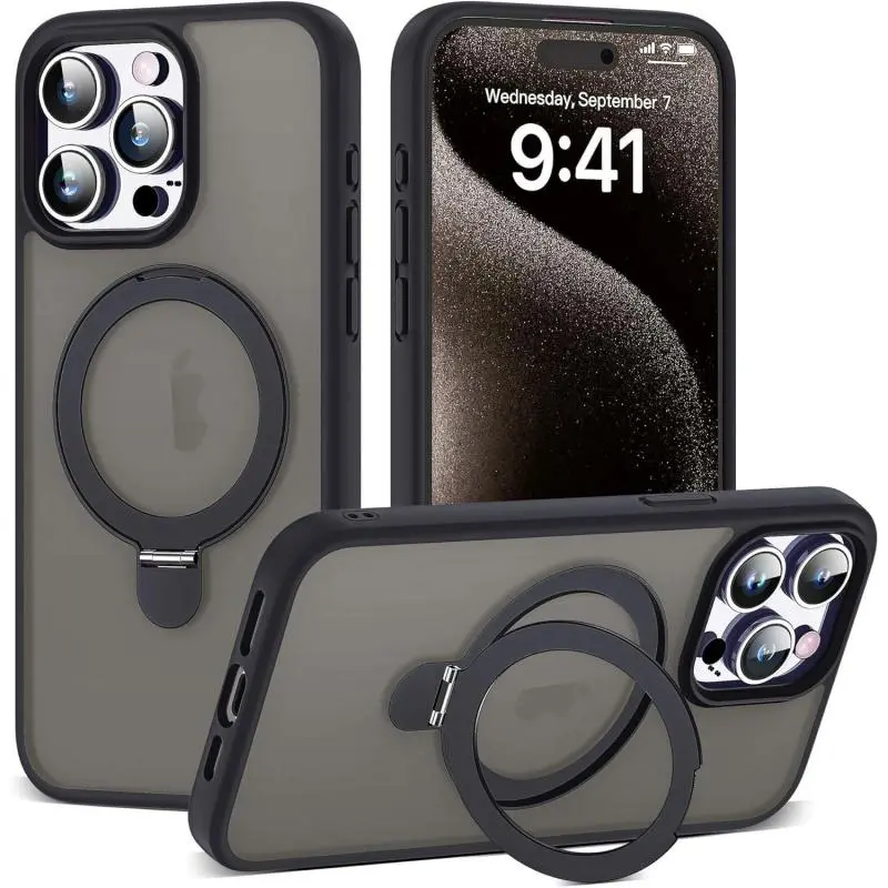 Frosted Matte Magnetic Case with Foldable Ring Kickstand for iPhone 17 Pro Max 16 15 14 13 12 Pro Max Plus - Semi-Translucent Slim Protective TPU Cover Compatible with MagSafe, Anti-Fingerprint & Anti-Scratch Phone Case