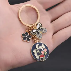 1/20pcs Cute Enamel Butterfly Flower Keychain, Alloy Garden Key Ring, for Car Keys, Backpacks, Wallets