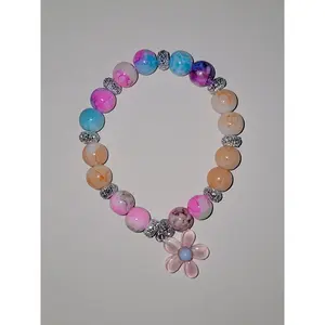 Pink Flower Charm Beaded Bracelet