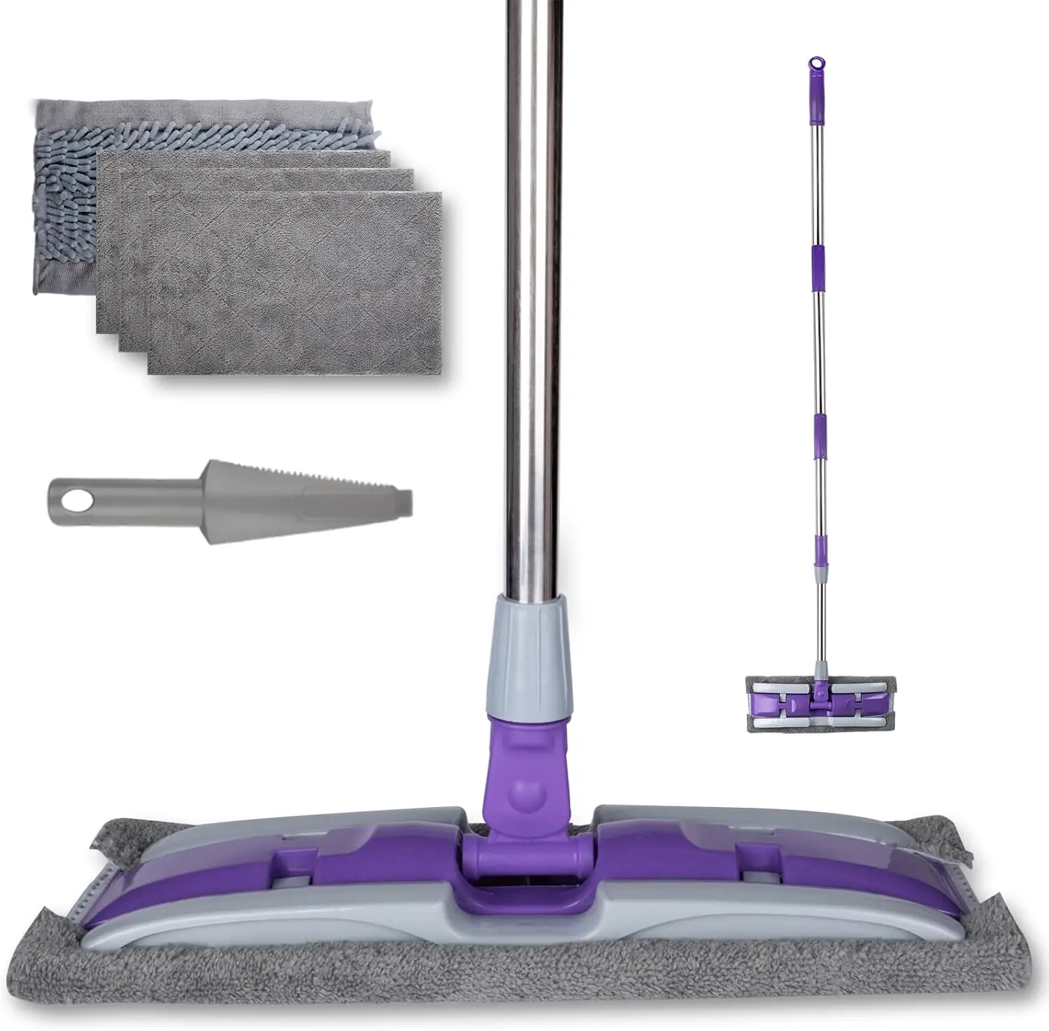 Purple Microfiber Flat Mop Head - Adjustable Extendable Long Handle Wet Dry Dust Cleaner with Stainless Steel Bar, 4 Reusable Cleaning Pads, Easy Mopping Squeegee for Indoor Hardwood, Tile Floors, Adjustable Extendable Long Handle Mops