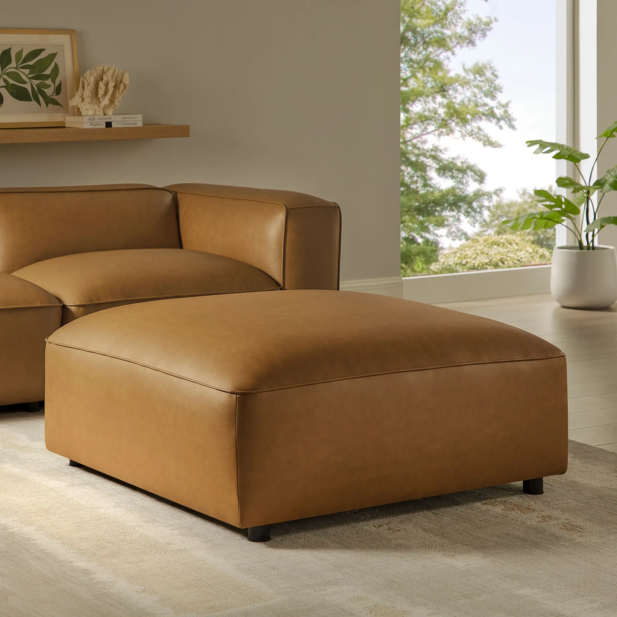 Auren Upholstered Vegan Leather Ottoman in Camel