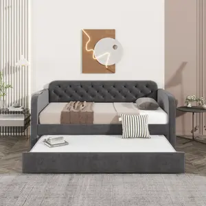 Twin Size Upholstered Daybed with Trundle and USB Charging Design, Velvet Upholstered Daybed Frame, Twin Sofa Bed for Living Room Bedroom, No Box Spring Needed,Plush velvet fabric dark grey 18 #