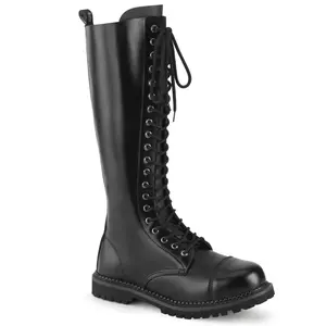 Demonia Men's Riot-20 Black Leather Knee-high Boots with Steel Toe & 20 Eyelets for Casual Wear - Shoe