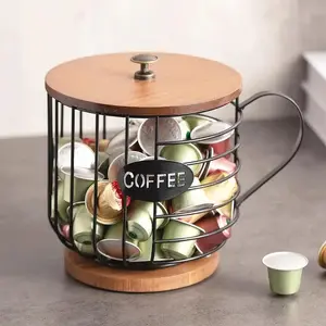 Coffee Pod Holder, Large Capacity Coffee Pod Storage Basket with Wooden Base, Modern Metal Wire Basket for Espresso Capsules & Pods