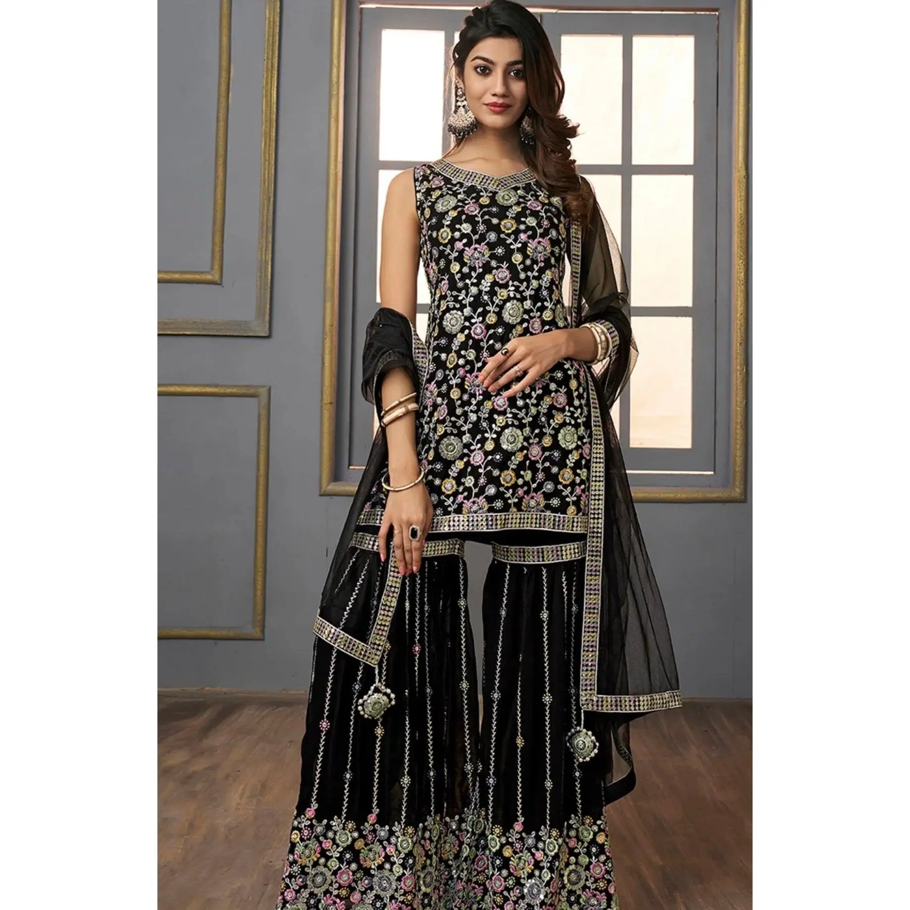 Black Embroidered Sequinned Gharara Set with Dupatta
