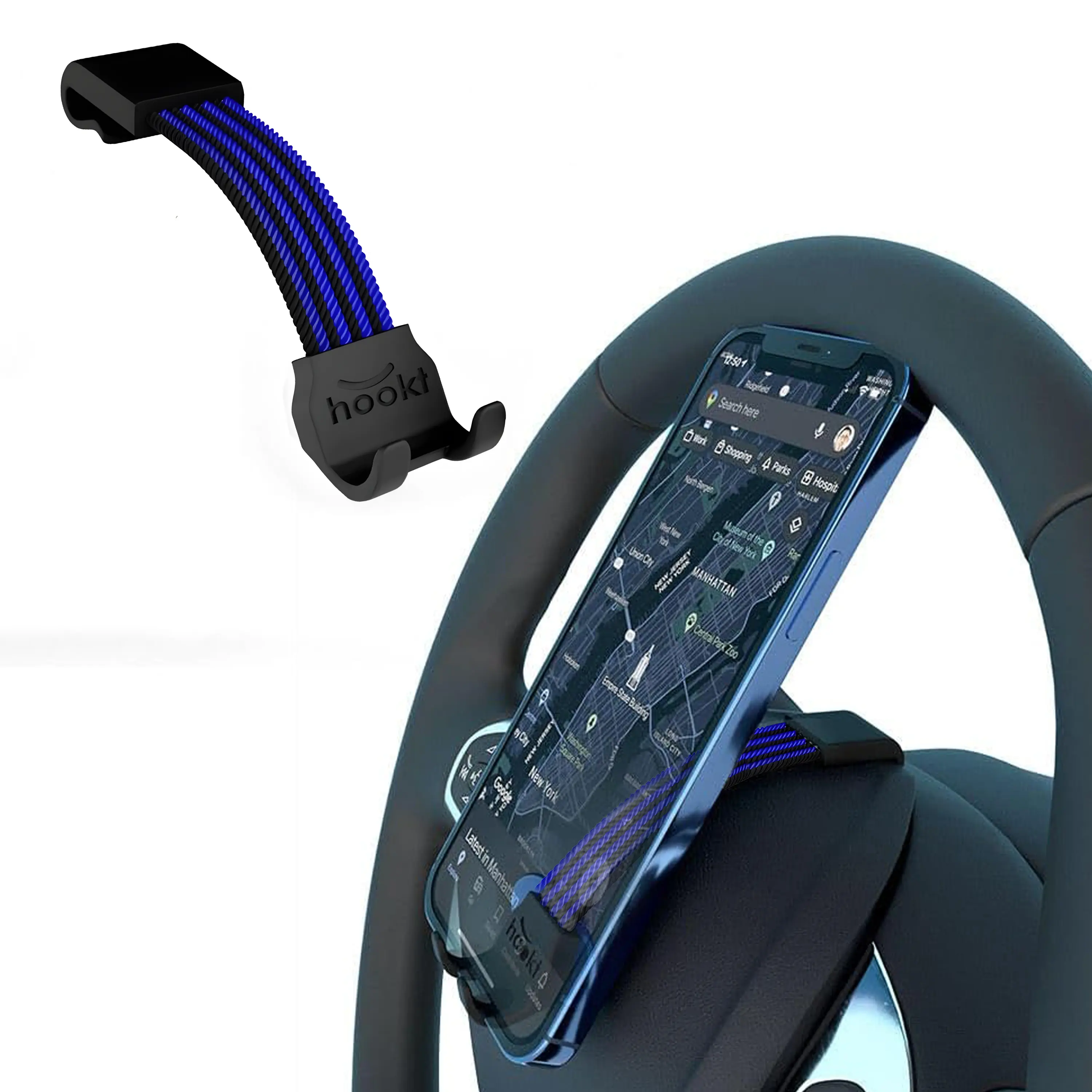 Hookt Universal Steering Wheel Phone Holder – 3.5" Flexible Hands-Free Car Phone Mount for Cars, SUVs & Trucks, Blue & Black