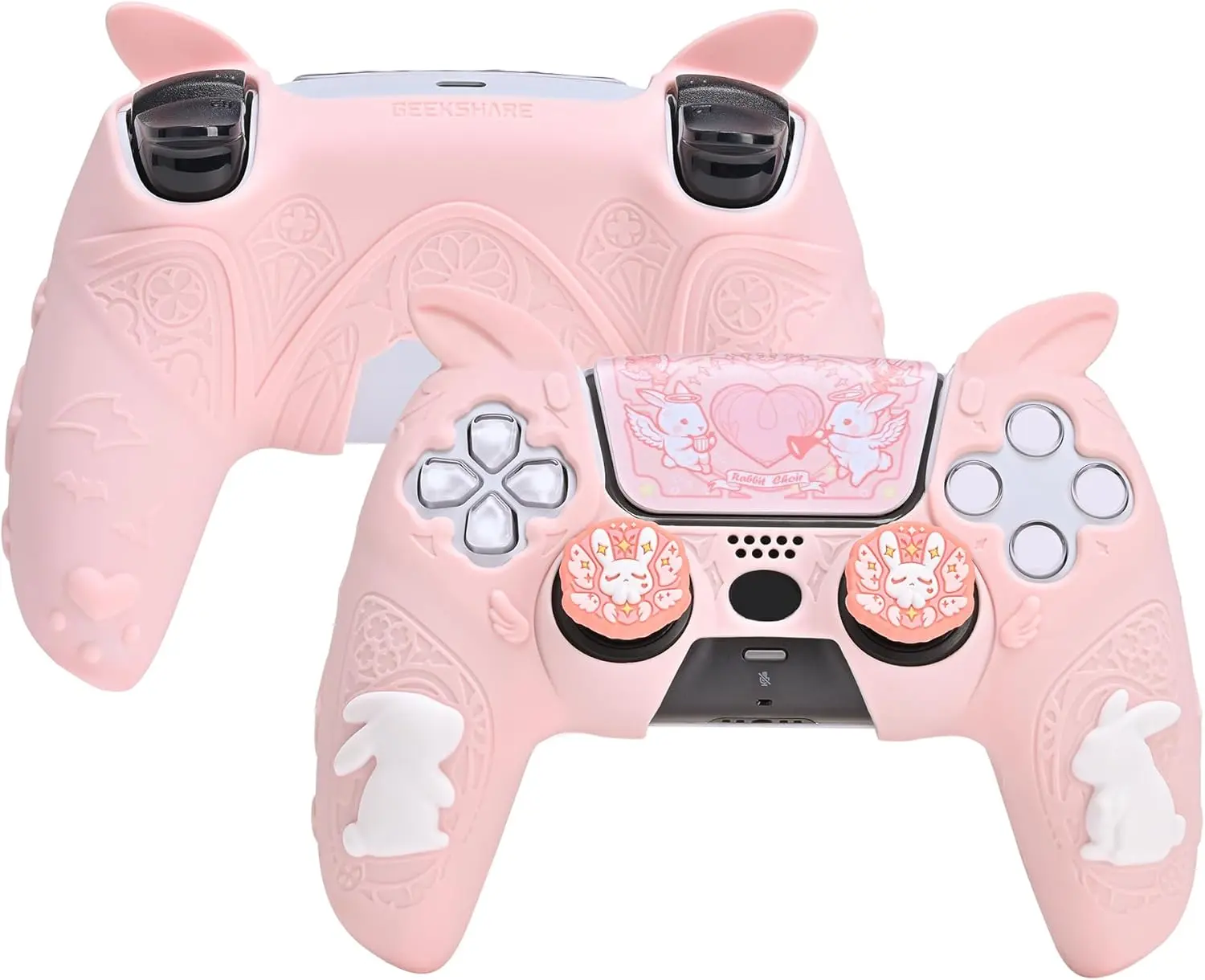 GeekShare PS5 Controller Skin Set,Soft Silicone Protective Cover Case for Playstation 5 Wireless Controller with 2 Thumb Grip Caps and 1 Sticker Pink Console Accessories - Gothic Bunny