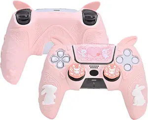 GeekShare PS5 Controller Skin Set,Soft Silicone Protective Cover Case for Playstation 5 Wireless Controller with 2 Thumb Grip Caps and 1 Sticker Pink Console Accessories - Gothic Bunny