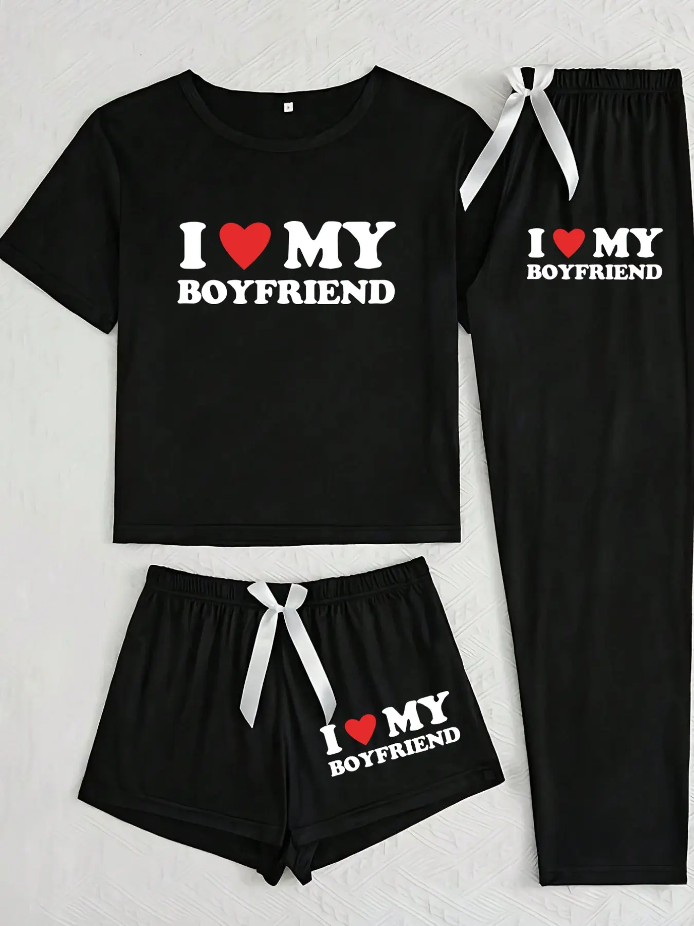 Women's Letter, Heart & Love Print Aesthetic Sleepwear & Loungewear Set, Homewear, Casual Fitted Three-Piece Matching Pajama Suit, Pjs, All-Season Comfortable Nightwear for Women