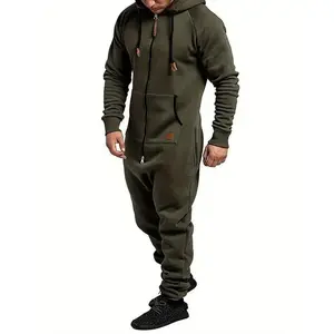 Men's Overall Suit Solid Color Long Sleeve Hooded Fleece Warm Jumpsuit Autumn Winter Men's Warm Pants(Sheets)