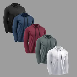 Men's 5-piece Solid Color Long-sleeve Hooded Sweatshirts with Drawstrings - Casual Sporty Hoodies for Running Gym Workouts Spring Autumn Lightweight Compression Activewear Athletic Fashion