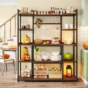 Tribesigns 55" Kitchen Hutch Cabinet and Microwave Stand, 5-Tier Bakers Rack with Hooks and Storage Metal Organiser，Easy Installation, Oak Utensils stand baker