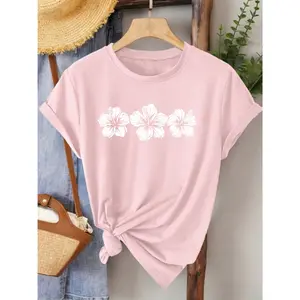 100% cotton women's elegant short-sleeve top with hibiscus flower print and round neck, suitable for spring and summer. Fashionable for commuting, vacation, daily wear, versatile, casual, elegant, and vintage-style top