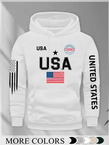 Men's Regular Fit Letter Print USA Print Fitted Knit Hoodie, Casual Streetwear Hoodie, Casual Long Sleeve Hooded Sweatshirt for Daily Wear, Men's Top for Fall & Winter