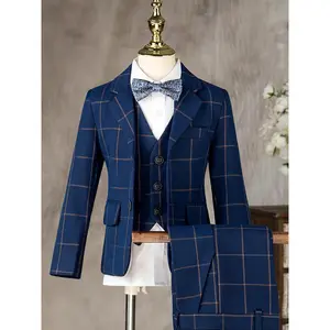 Boy's 3-Piece Vibrant Plaid Gentleman Suit Set - Polyester, Breathable All-Seasons Outfit with Blazer, Vest, Adjustable Waistband Pants, Formal Wear for Speech Events