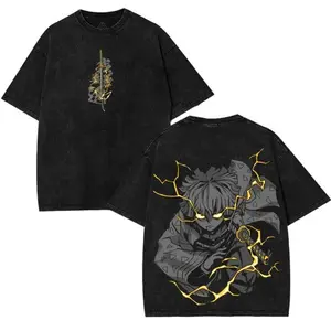 Zenitsu Agatsuma Demon Slayer Kimetsu No Yaiba Oversized T-Shirt – Washed Vintage Anime Manga Graphic Tee, 90s Cotton Crewneck Streetwear Unisex Top, Perfect Otaku Gift & Merchandise wash Fabric Menswear men Seamless Tshirt Casual Black