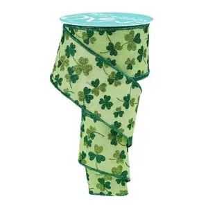 2.5" x 10yd Glitter Shamrocks Ribbon (Bright Green/Emerald/Lime)