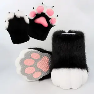 Animal Claw Gloves and Foot Covers with Built-in Sound Generator – Soft Plush Paw Pads, Cute Cosplay Role Play Costume Set for Festivals and Parties