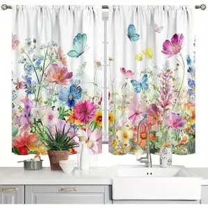 2pcs Flower Plant Blackout Curtains, Spring Watercolor Floral Flower Short Cafe Window Decor Window Decor, 28x40inch, Rod Pocket Design Short Drapes for Small Windows, Cafe, Shop, Kitchen, Bathroom Room Decor, Machine Washable Foldable Colorful Divider