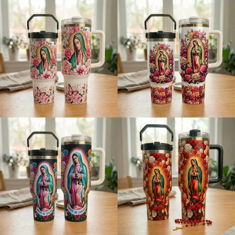 Catholic Virgin Mary Our Lady of Guadalupe Industrial Leak-Proof Insulated Stainless Steel Flask - 40oz/30oz Insulated Cup with Handle, Straw, Floral Print, Reusable Portable Tumbler, Religious Gift for Iced Tea & Hot Cold Drinks