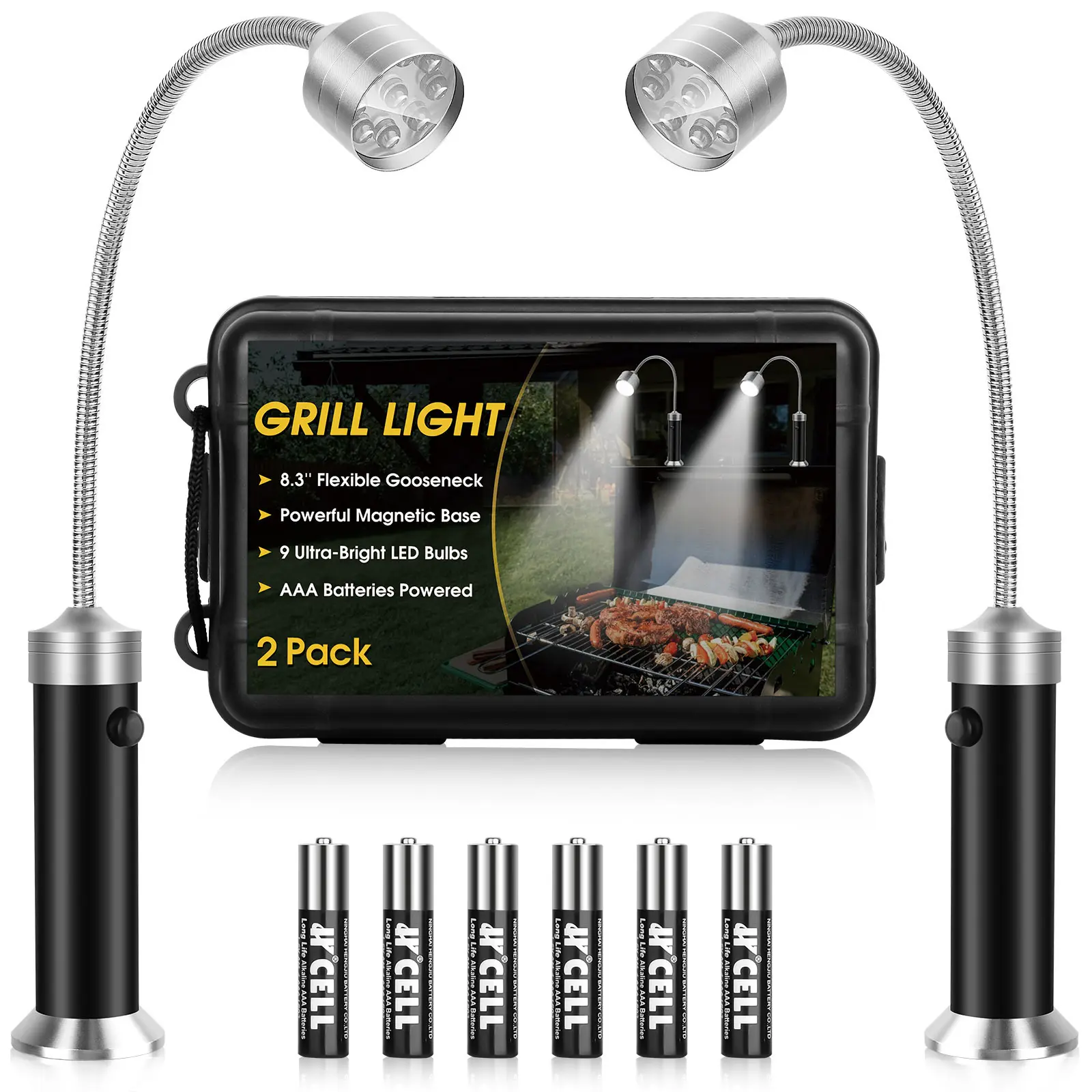 [2-Pack] BBQ Grill Lights for Night Cooking - Super Bright LED, Magnetic & Heat Proof - Must Have Gifts for Dad, Husband, BBQ Master - Batteries Included