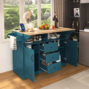 55.7" Large Kitchen Island with 2 Drop Leaves & Power Outlet, Rolling Kitchen Cart on 5 Wheels, Folding Storage Dining Table with Spice & Towel Rack, 3 Drawers for Kitchen & Dining Room
