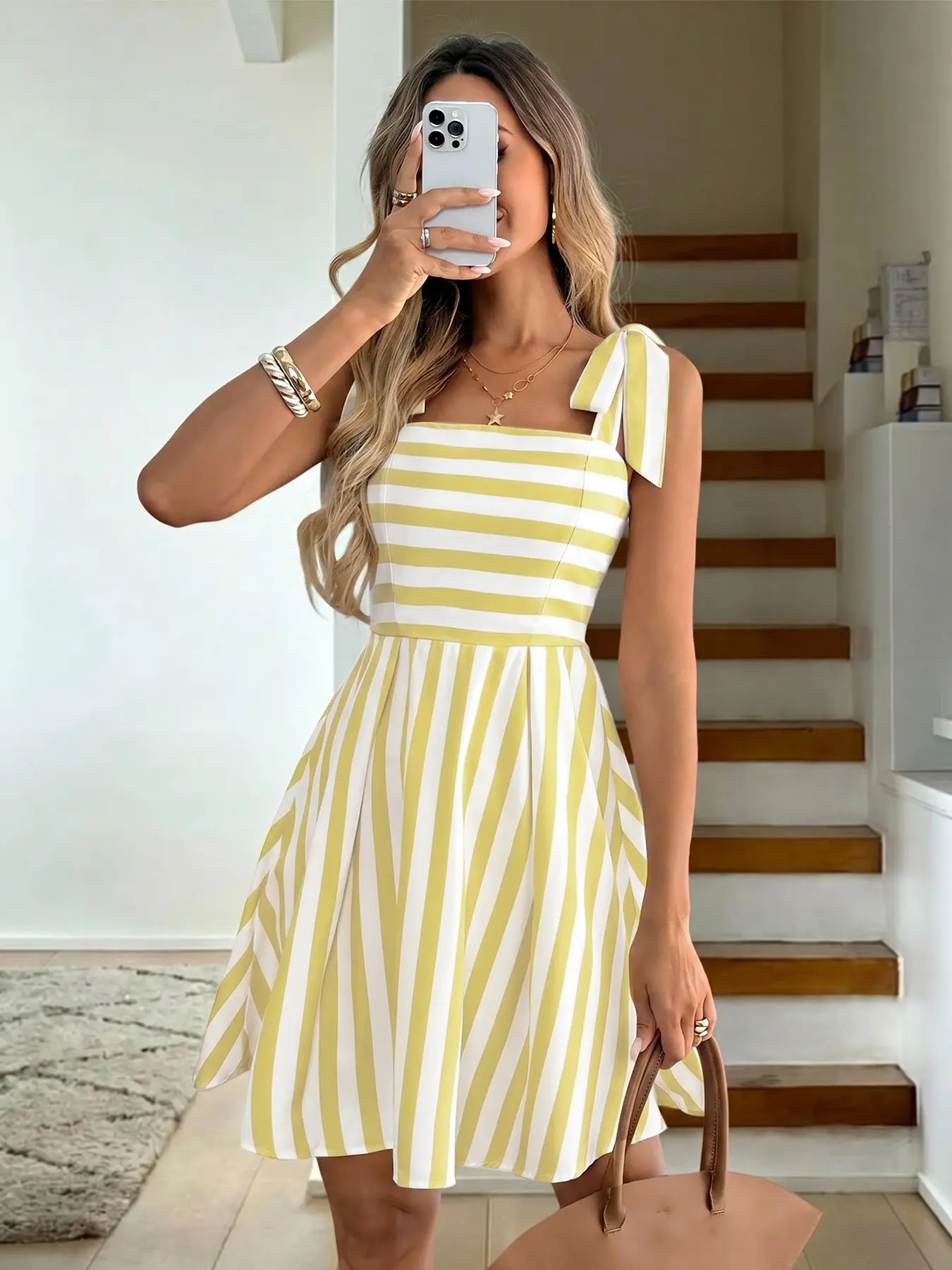 Women’s Striped Sleeveless Mini Dress - Preppy Vintage Feminine Casual Sundress with Adjustable Tie Straps, Bow Shoulder Detail, Square Neck, High-Waisted Pleated A-Line Design for Vacation, Fitted, Skater, High Waist, Lightweight, Soft, Skirt, Retro, Fla