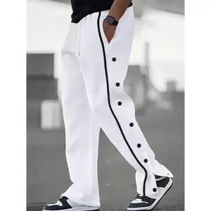 Men'S Casual Polyester Pants, Solid Color with Side Stripe and Button Detail, Regular Fit, with Drawstring, for All-Season Comfort, Stylish & Sporty Adult Wear