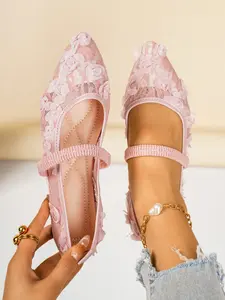 Women's Ballet Flat Shoes, Bowknot Decoration, Floral Embroidery, Breathable Mesh Upper, Square Toe, Summer Mary Jane Shoes, Breathable Flats