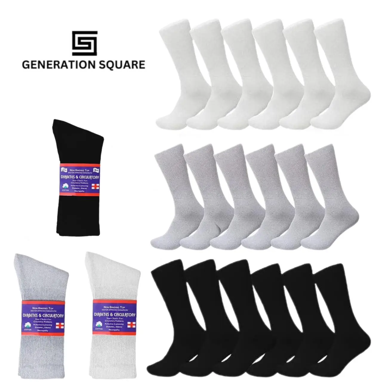 Generation Square Men & Women's Circulatory Non-Binding Cushioned Cotton Crew Socks Size 9-11 10-13 13-15 Soft Mid Calf Polyester Blend 6-12 Pairs Pac