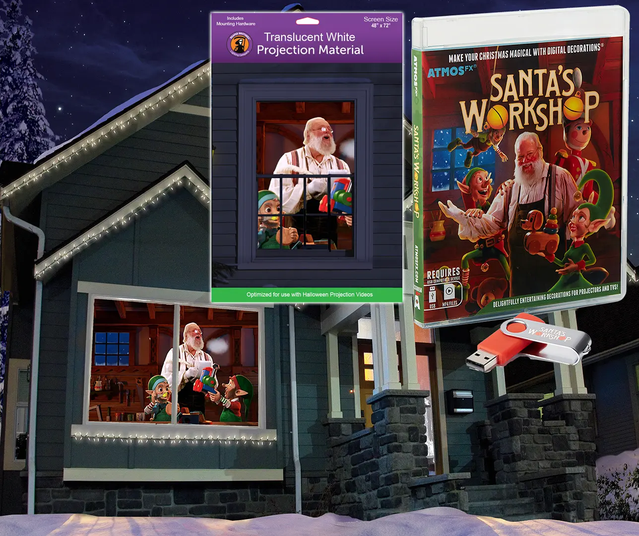 Christmas Digital Decoration Kit Includes AtmosFX Santa's Workshop with 5 Video Effects for Christmas and 48” x 72” Holographic Projection Screen