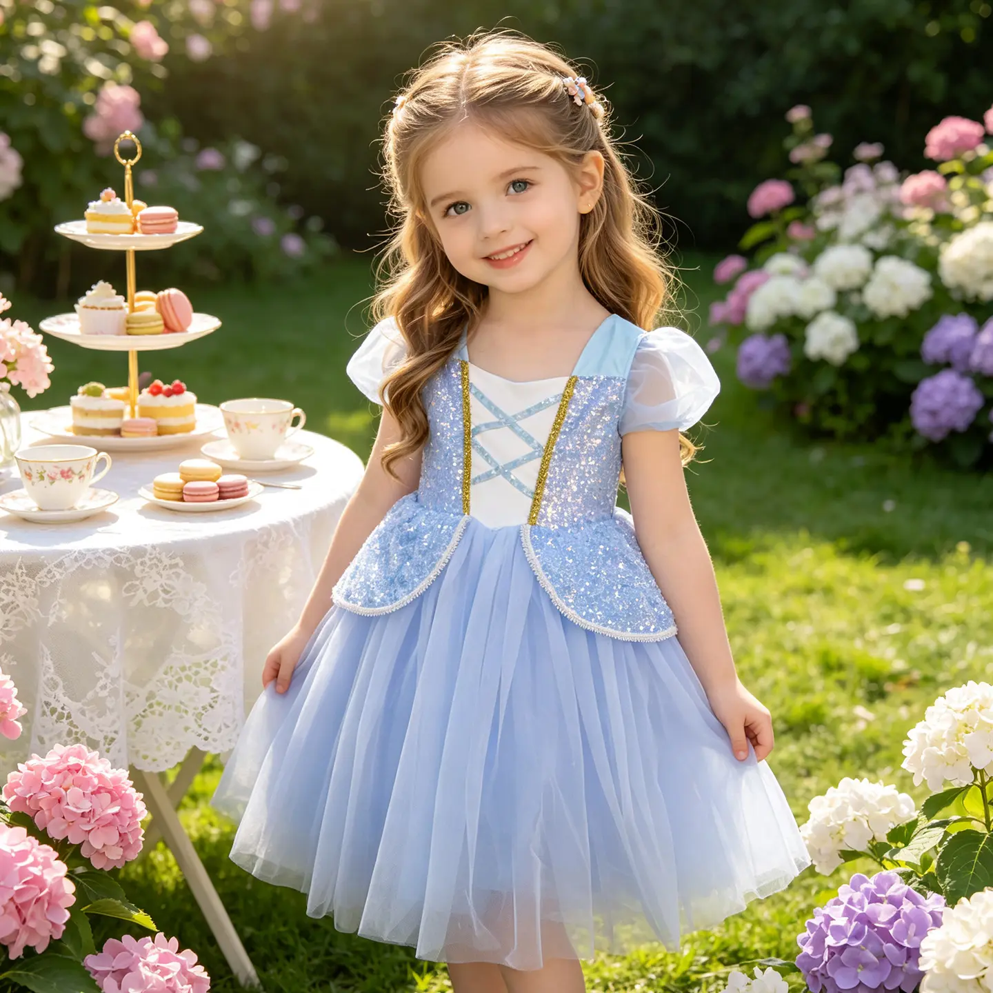 Little Girls Cinderella Princess Dress Sparkly Sequin Puff Sleeve Tulle Tutu Costume Kids Birthday Party Garden Tea Party Fancy Outfit